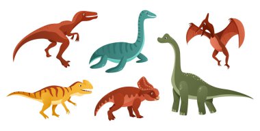 Jurasik dinozorlar beyaz arka planda tasvir edilir. Renkli dinozorlar çizgi film karakteri çizimi. Vektör illüstrasyonu