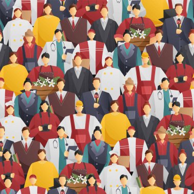 Meslek dünyası. Tüm mesleklerin seti. Farklı mesleklerden bir grup çizgi film insanı. Vektör illüstrasyonu