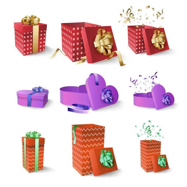 Ensemble Boîtes Cadeaux Isolées Sur Fond Blanc Boîtes Rouges Violettes — Photo