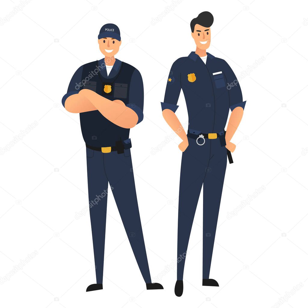 Police officers, two men, cops. Protection of citizens. Two police officers in uniform isolated on white background. Vector illustration