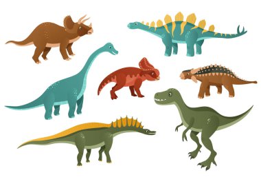 Jurasik dinozorlar beyaz arka planda tasvir edilir. Çizgi film tarzında renkli dinozorlar. Kusursuz desenler. Vektör illüstrasyonu
