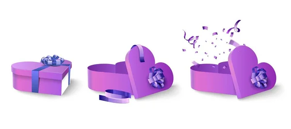 Violet Heart Box Lilac Ribbon Confetti Isolated White Background Gift — Stock Photo, Image