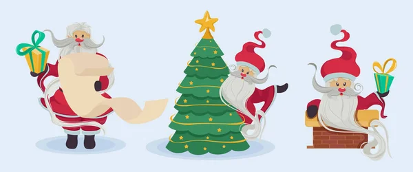 Santa Claus Seznamem Přání Dárkem Vánočním Stromečkem Santa Různých Pózách — Stock fotografie