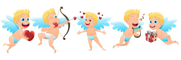 Conjunto Cupidos Valentim Sobre Fundo Branco Anjos Desenhos Animados Com — Fotografia de Stock