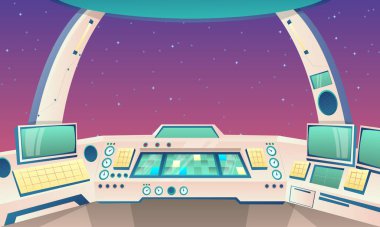 Çizgi film arka plan roketi içinde. Uzay gemisi kokpitinin içi boşlukla dolu. Çizgi film ve oyunlar için arka plan. Kontrol paneli olan roket kokpiti. Vektör illüstrasyonu