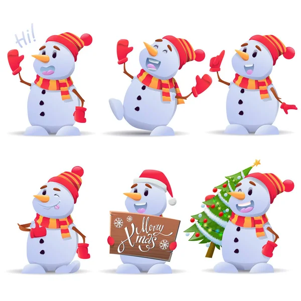 Collection of cartoon snowmen.  Funny snow man in different costumes and in hat, scarf and mittens collection on white background. Merry Christmas design element. Vector illustration