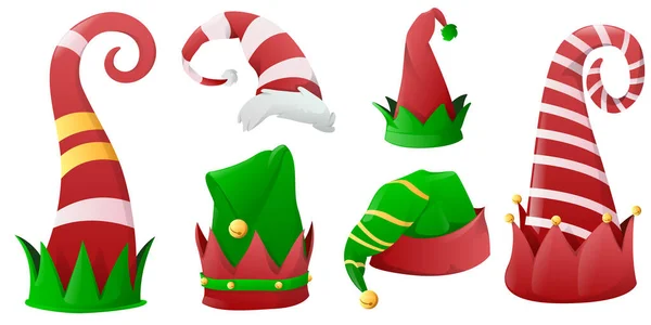 Elfler için Noel şapkası koleksiyonu, Noel Baba yardımcıları. Noel şapkası yeşil ve kırmızı renkler, dekorasyon Noel kostümü. Vektör illüstrasyonu