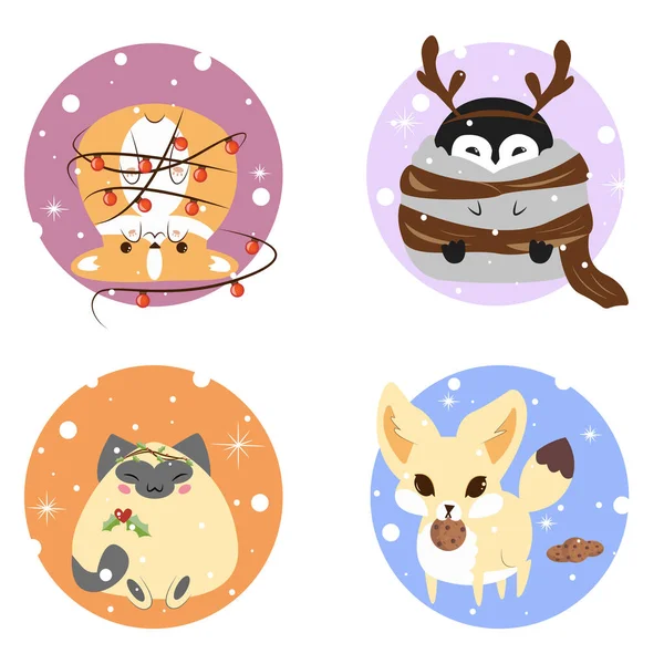 Sammlung Von Niedlichen Tieren Winterkreis Elemente Für Weihnachtsdekoration Grußkarte Flachen — Stockfoto