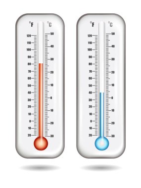 Gerçekçi termometreler. Hava durumu termometresi beyaz arka planda izole edildi. Klasik açık hava ve kapalı santigrat kırmızı ve mavi termometre seti. Vektör illüstrasyonu