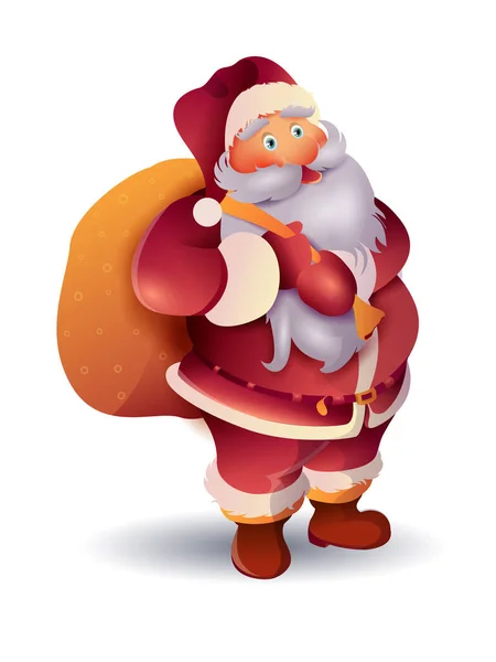 幸せな現実的な漫画サンタ クリスマスの白い背景に3D現実的なサンタクロース プレゼント付きのバッグと面白いサンタクロースの文字 ベクターイラスト — ストック写真