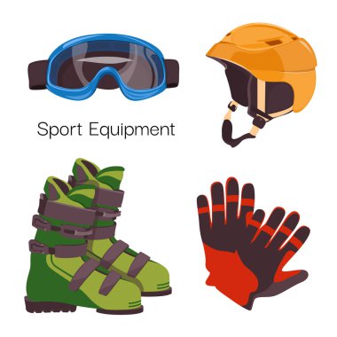 Kış spor malzemeleri seti. Snowboard ekipmanı simgeleri: kask, gözlük, bot, eldiven. Aşırı kış sporları. Beyaz arka planda kış sporları için bir takım ekipman