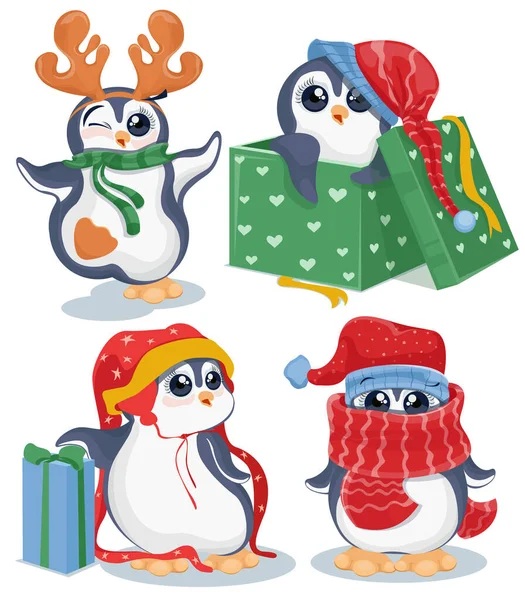 Conjunto Pingüinos Ute Navidad Con Pingüinos Acuarela Ropa Navideña Decorando —  Fotos de Stock