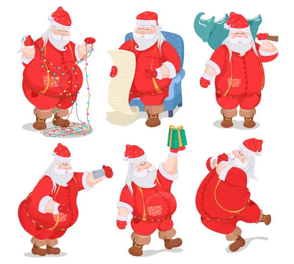 手绘圣爪系列 圣诞老人穿着传统的红色服装 有趣的圣诞老人的性格与礼物 袋子挥动和问候 现代圣诞老人 — 图库照片