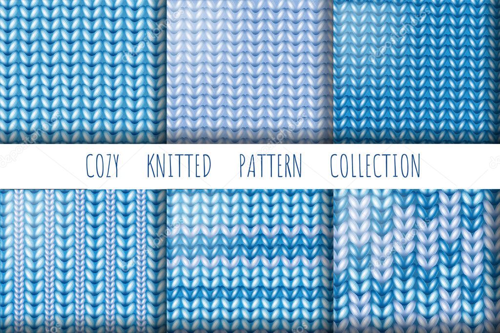 Collection of knitted wool, seamless patterns. Style Seamless Blue Knitted Pattern. Set of knitted texture for winter or holiday designs