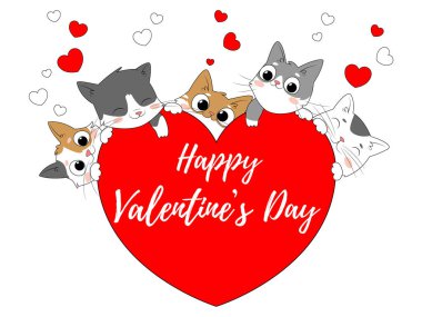 Bright card for Valentine's Day with cats and hearts. Cute fluffy kittens with a heart congratulate you on the holiday