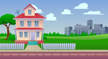 artoon house illustration. Front facade view of the house in trendy flat style. A three-storey house and a town in the back