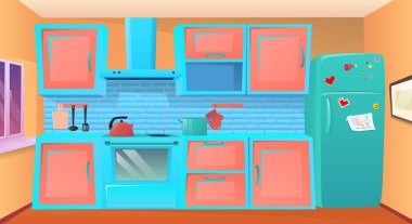 artoon kitchen illustration. Cozy modern kitchen with household appliances, with dishes, interior inside and fridge