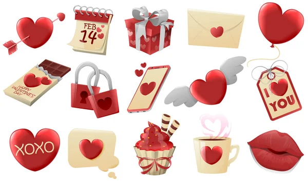 Different valentines day elements. Valentine design elements with candy, rose, cup, key, lock, gift, hearts, lips and calendar. Holiday concept. Sweets and love