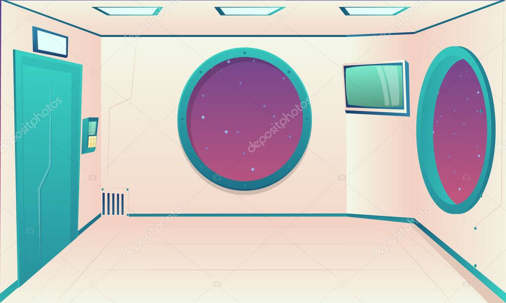 Cartoon spaceship interior with window. Background for cartoons and games. Rocket cockpit with control panel