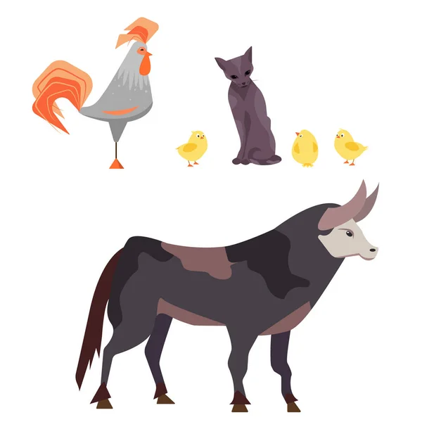 Conjunto Animales Granja Mascotas Granja Cartón Vaca Chikens Gato Minerales — Foto de Stock