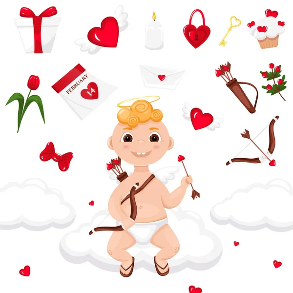 Set Dibujos Animados Lindo Cupido San Valentín Símbolos Iconos San —  Fotos de Stock