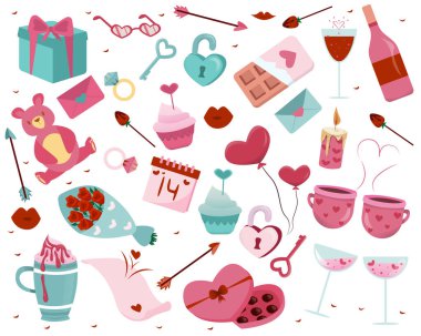 El çizimi sevgililer günü elementleri. Beyaz üzerine izole edilmiş şirin ve pembe elementler. Stiker 'lar ve Sevgililer Günü kartı için tasarım seti