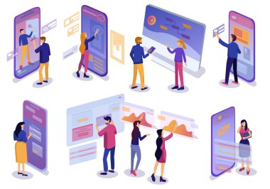 Cep telefonları için ofisometrik uygulamaları, genç girişimcileri test edin ve sosyal ağlarda mobil uygulamalar kullanın. Konseptler ve web tasarımı geliştirme
