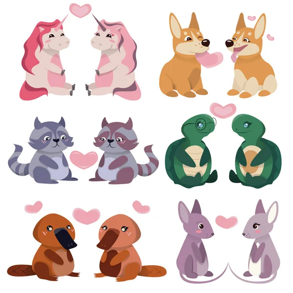 Sevimli Hayvanlarla Sevgililer Günü Konsepti Çizimi Çizgi Film Karakterlerine Bayılır — Stok fotoğraf