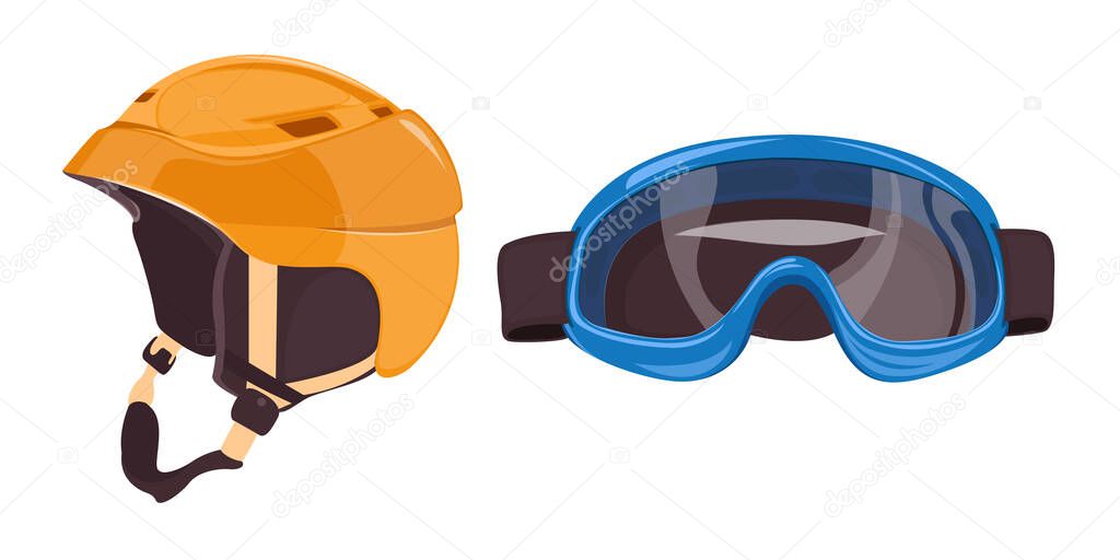 Sports equipment for ski helmet and glasses. Snowboard equipment icons. Extreme winter sports. A set of equipment for winter sports on white background