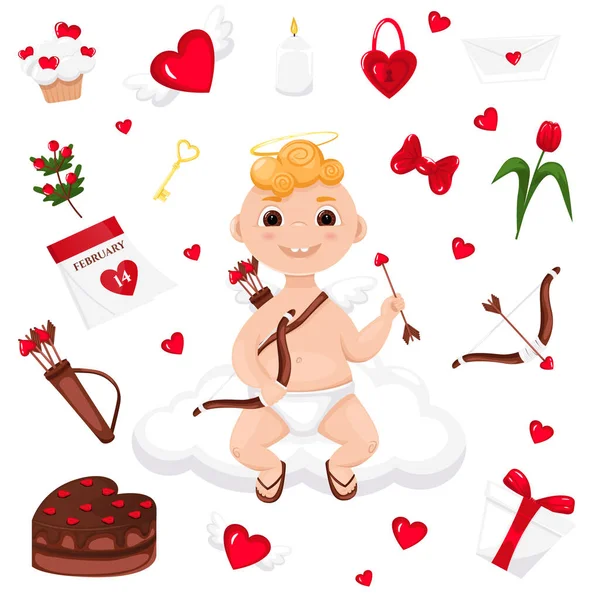 Día San Valentín Dibujos Animados Cupido Iconos San Valentín Corazón —  Fotos de Stock