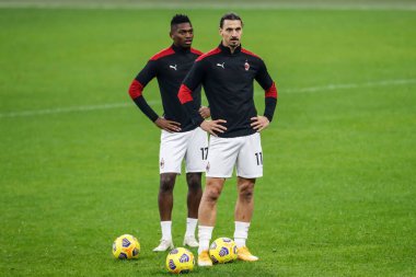  08/11/2020. Milan-Verona. Zlatan Ibrahimovic and Rafael Leao, Milan, during warmup.