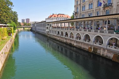 Ljubljanica Nehri'nin ve kapalı Pazar, Ljubljana, Slovenya