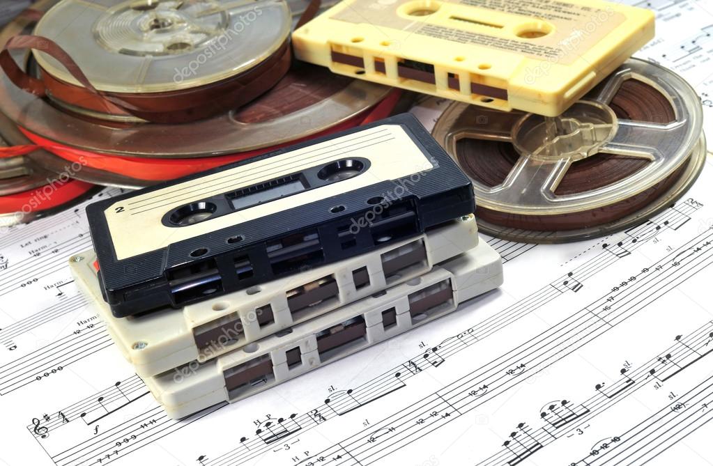 Old cassette and tapes with music notes