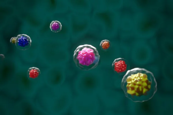 3D渲染演示抽象的活细胞 生物打印细胞结构生物细胞生活生物体数字化生成的图像抽象图解渲染说明抽象活细胞 — 图库照片