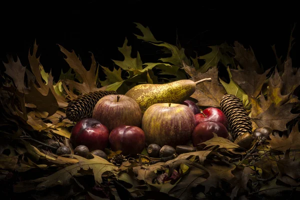 Elma, armut ve Erik ile sonbahar natürmort kompozisyon - Stok İmaj