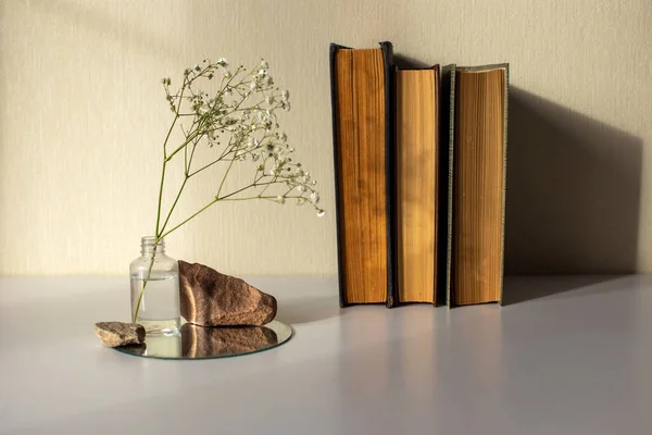 Three old books an branch of a white gypsophila flower standing on a bottle and on a round mirror
