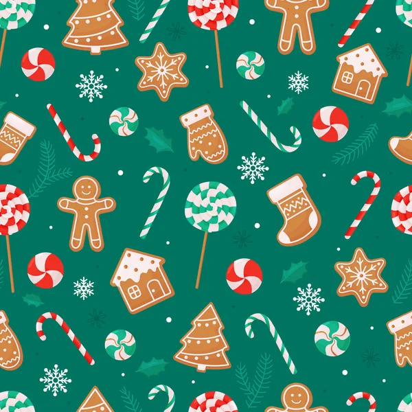 Patrón de Navidad sin costuras con piruletas dulces bastón galletas de jengibre — Vector de stock