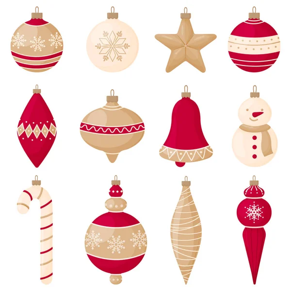 Conjunto de decoraciones de árboles de Navidad rojos y dorados para el nuevo año y Navidad. — Vector de stock