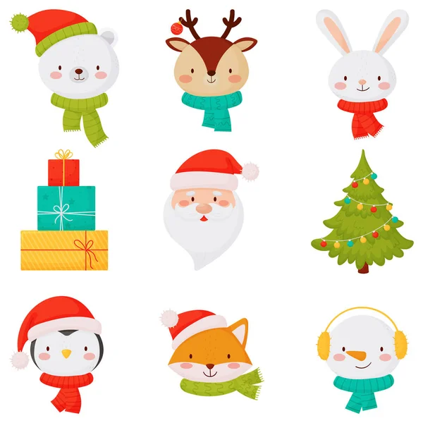 Різдвяні ікони з милими маленькими тваринами Подарунок Санти та ялинка — стоковий вектор