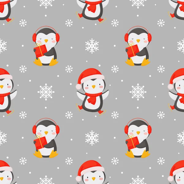 Бесшовный рождественский фон с милыми пингвинами и снежинками. — стоковый вектор