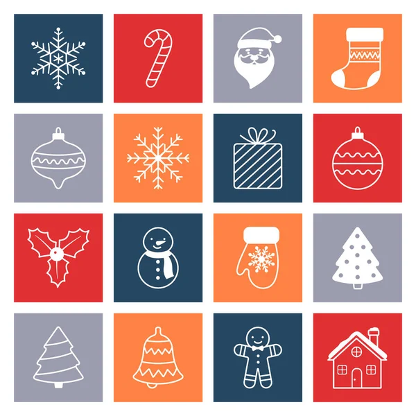 Neujahr oder Weihnachten Flache Icons Kollektion von sechzehn einfachen Icons — Stockvektor