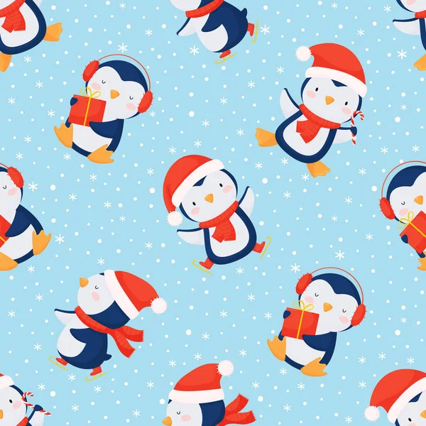 Бесшовный рождественский фон с милыми пингвинами. — стоковый вектор