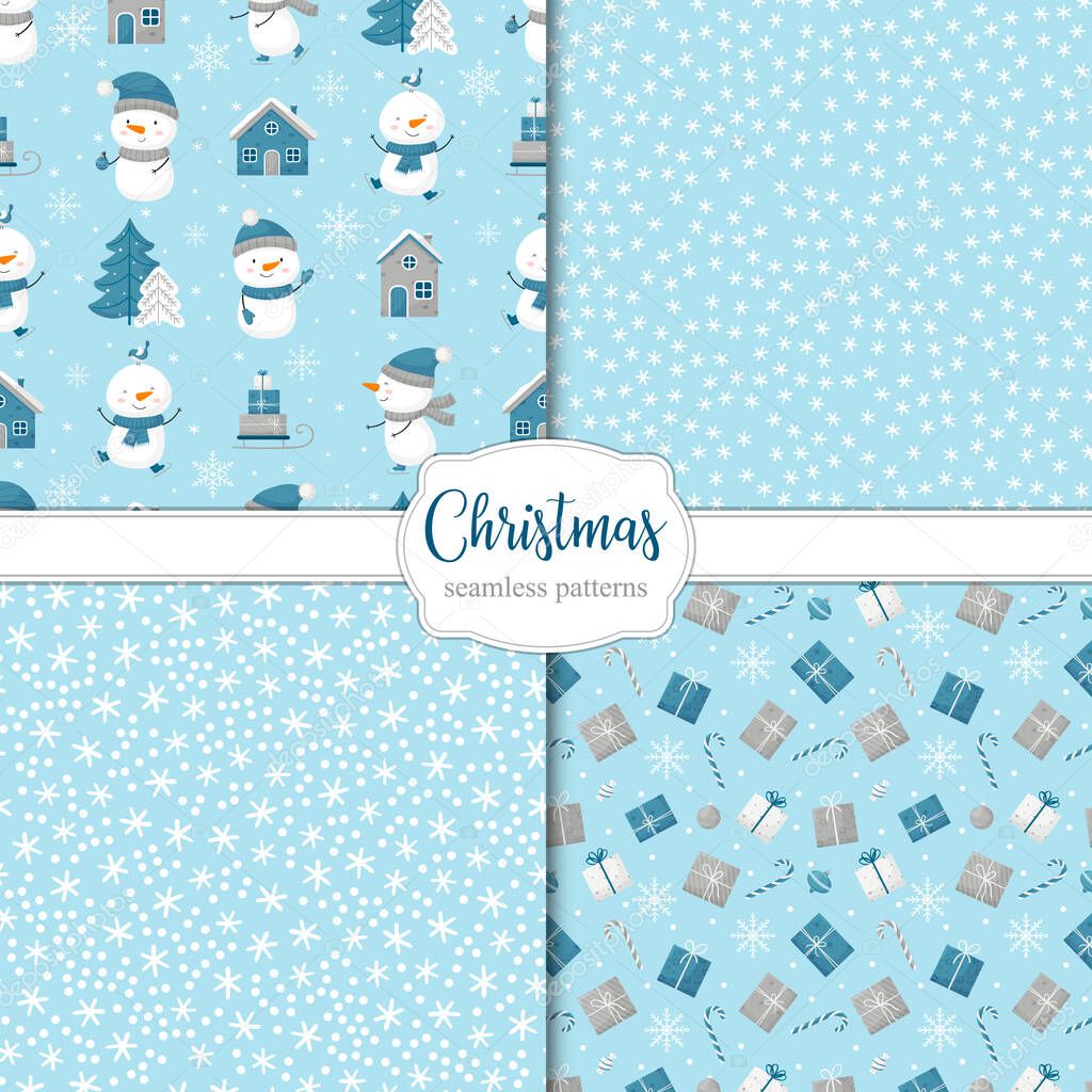 Set of winter holiday patterns with snowmen, gifts and snowflakes.