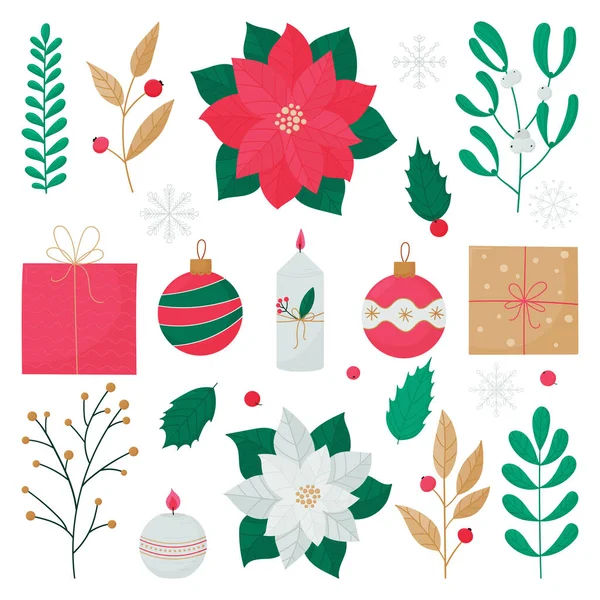 Conjunto de elementos coloridos para Navidad y Año Nuevo. Poissentia, ramitas, acebo, bayas, velas, regalos y bolas de Navidad. — Vector de stock