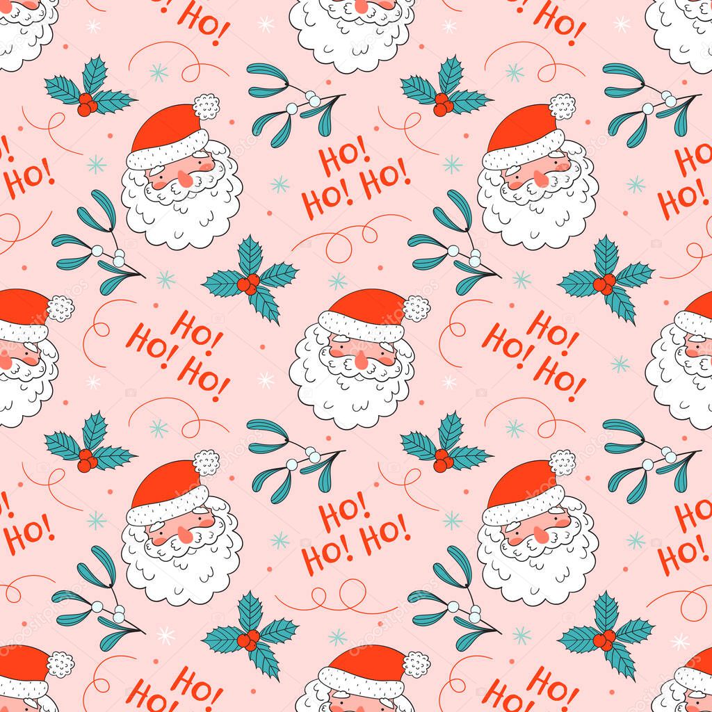 Christmas seamless pattern with cute santa in doodle style.