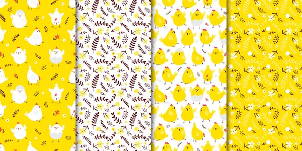 Conjunto de patrones de primavera sin costuras con lindos pollos de dibujos animados y flores. — Vector de stock