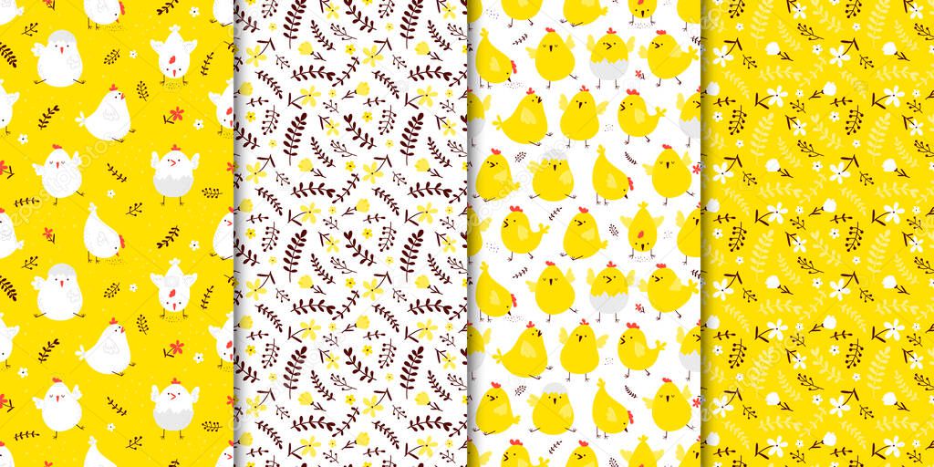 Set of seamless spring patterns with cute cartoon chickens and flowers.