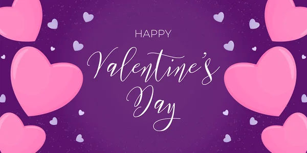 Happy Valentines day. Festive banner for valentines day. Pink hearts on a purple background and the inscription. — Stock Vector