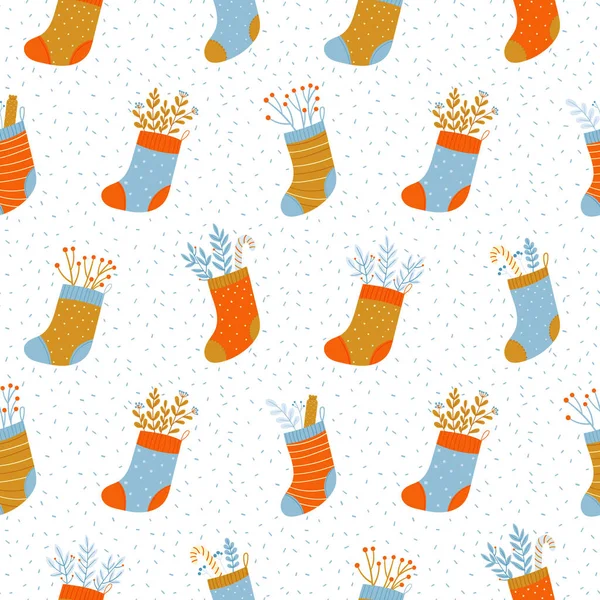 Modèle Vacances Sans Couture Avec Différentes Chaussettes Noël Bonbons Brindilles — Image vectorielle