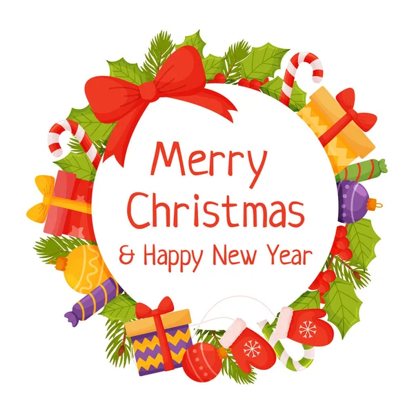 Счастливого Рождества Счастливого Нового Года Круглый Праздничная Рамка Листьев Конфет — стоковый вектор